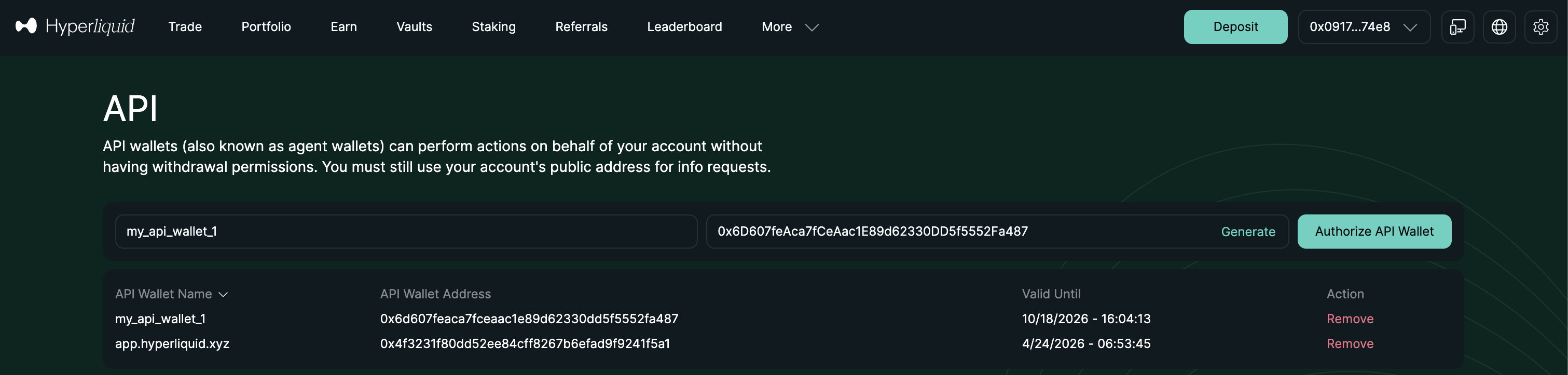 Hyperliquid API wallet page with the Generate and Authorize API Wallet controls and existing agent wallets.
