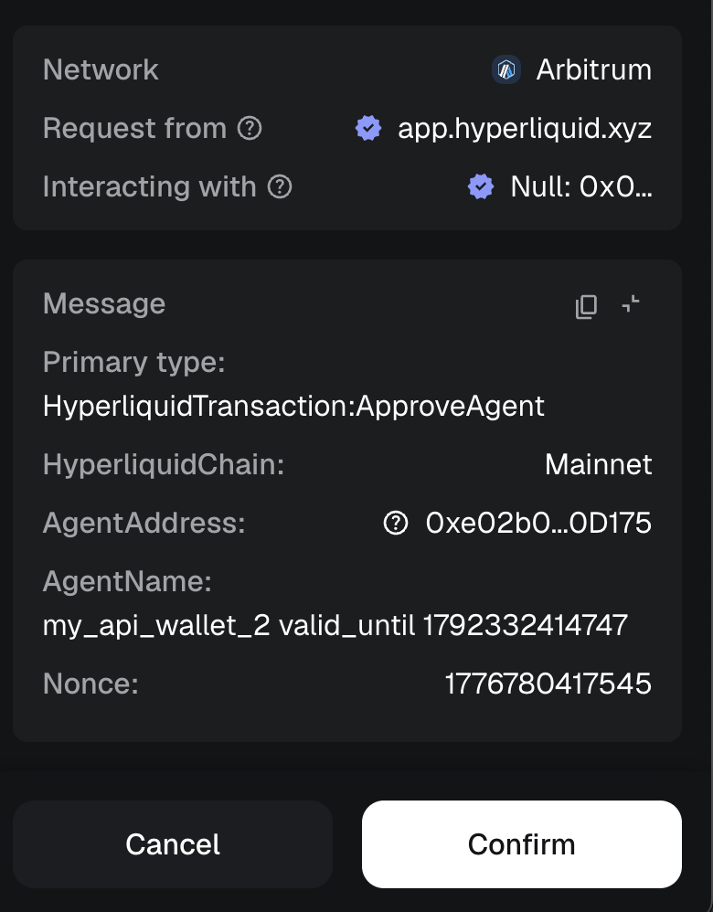 Wallet signature request for HyperliquidTransaction:ApproveAgent, showing the agent address, name, and nonce.